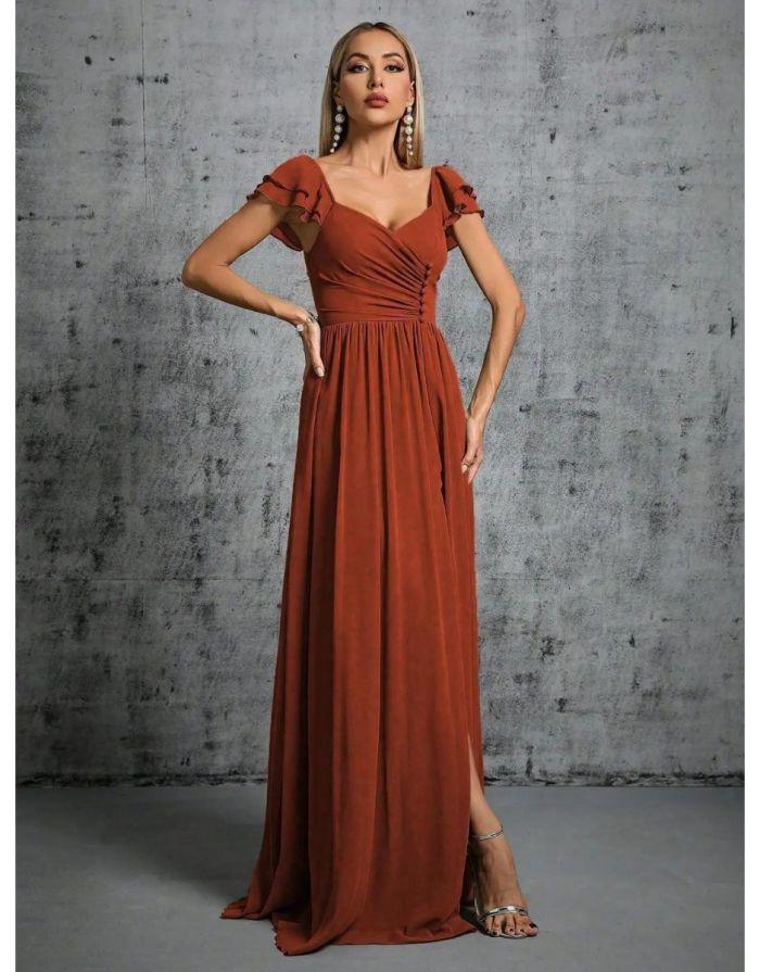 Vestido Terracota Longo Com Gola Ferradura Mangas Babados