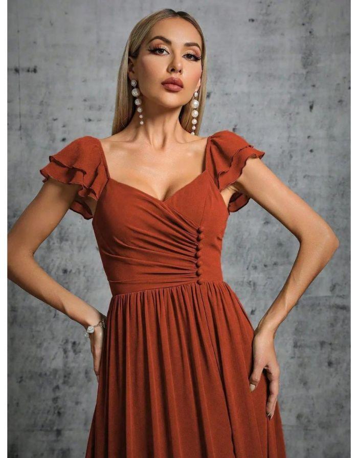 Vestido Terracota Longo Com Gola Ferradura Mangas Babados