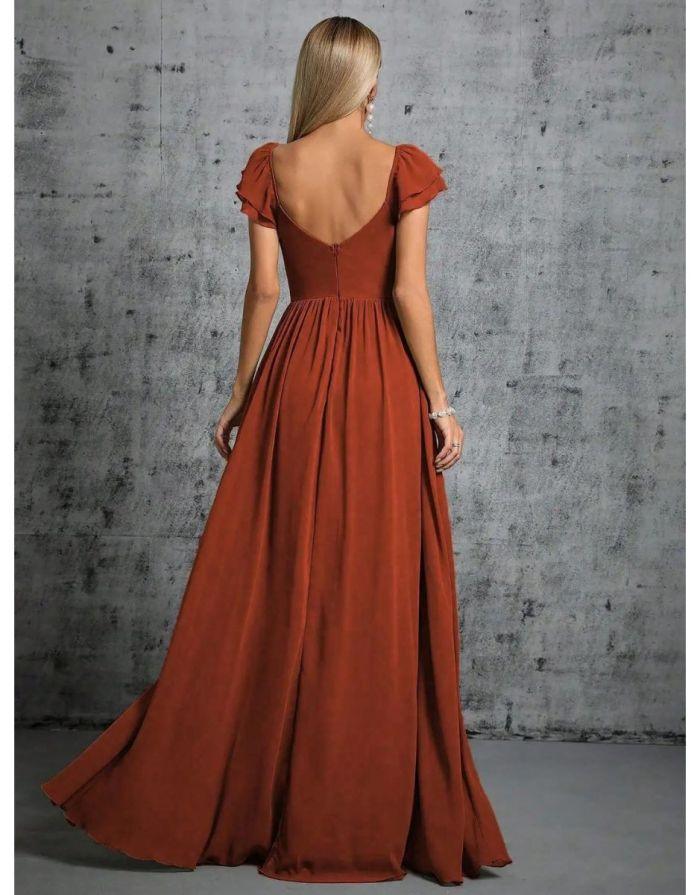 Vestido Terracota Longo Com Gola Ferradura Mangas Babados
