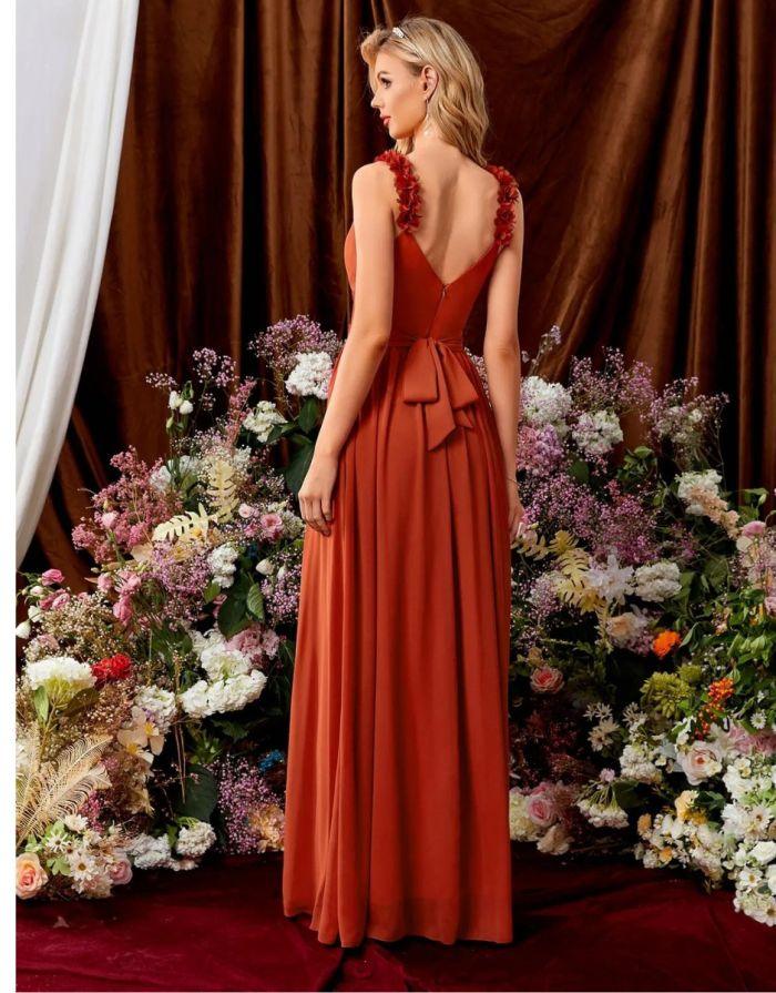 Vestido Terracota Longo Costa Aberta Decote em V