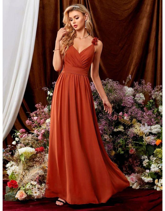 Vestido Terracota Longo Costa Aberta Decote em V