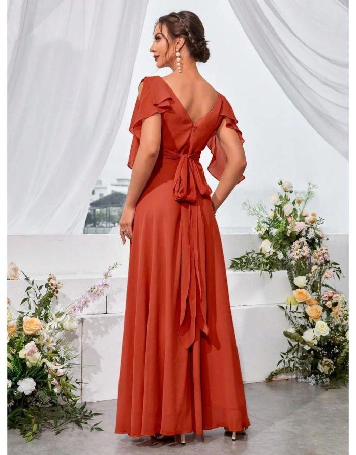 Vestido Terracota Longo Ombro Babados