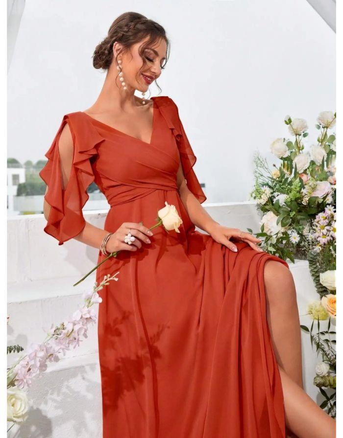 Vestido Terracota Longo Ombro Babados