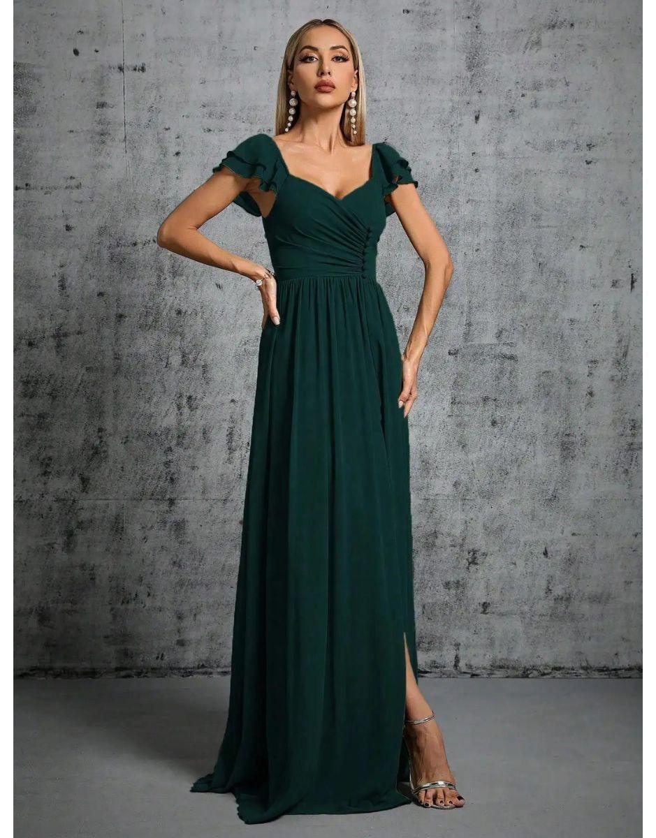 Vestido Verde Escuro Longo Com Gola Ferradura Mangas Babados