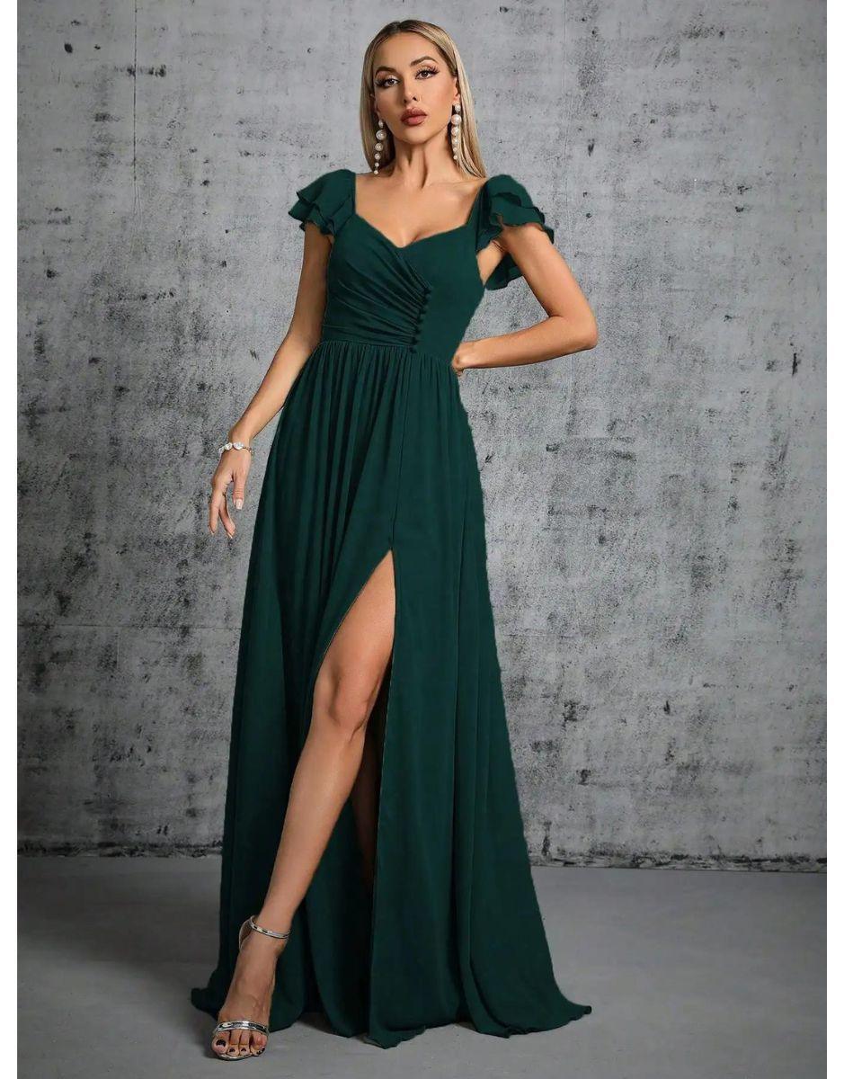 Vestido Verde Escuro Longo Com Gola Ferradura Mangas Babados