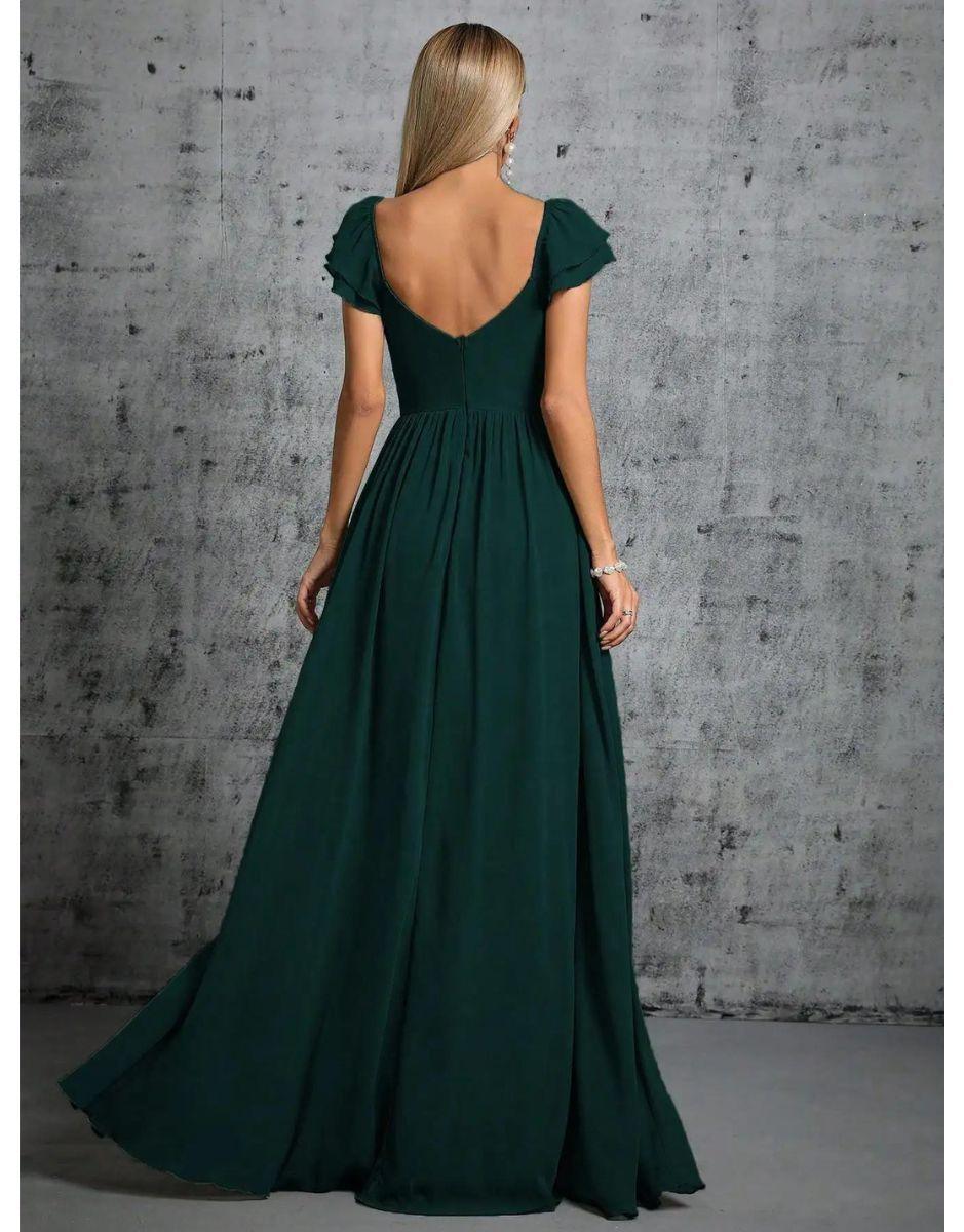 Vestido Verde Escuro Longo Com Gola Ferradura Mangas Babados