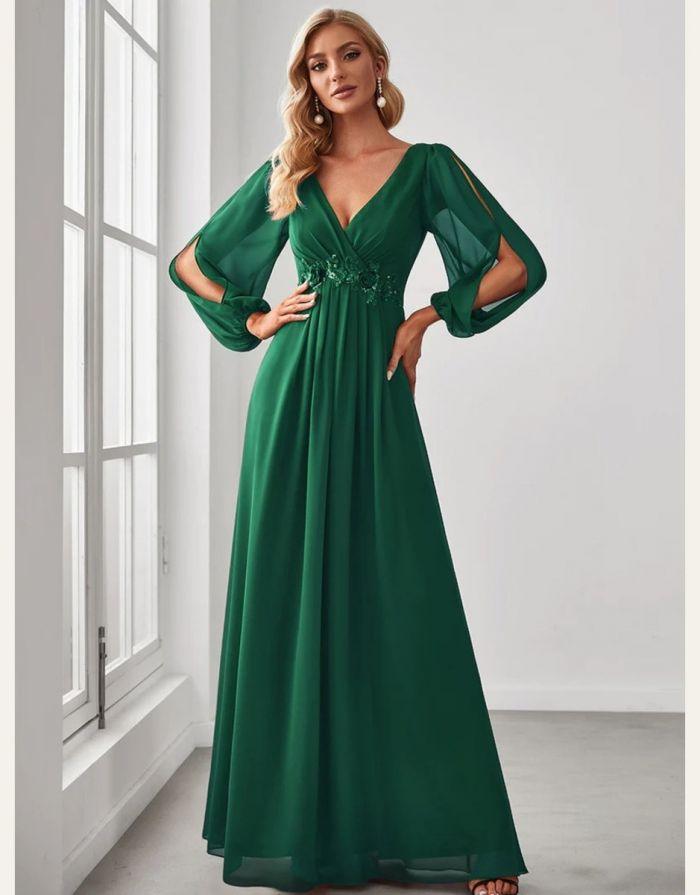 Vestido Verde Escuro Longo com Manga Longa Bufante