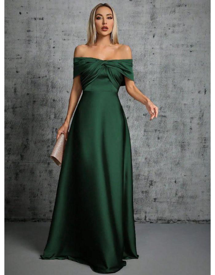 Vestido Verde Escuro Longo De Cetim Plissado Gola De Linha