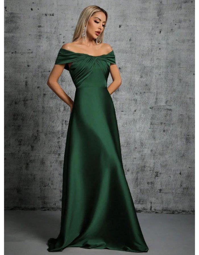 Vestido Verde Escuro Longo De Cetim Plissado Gola De Linha