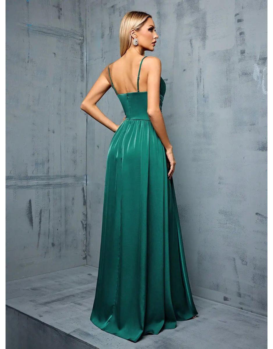 Vestido Verde Esmeralda Longo Deep V Cruz Lantejoulas