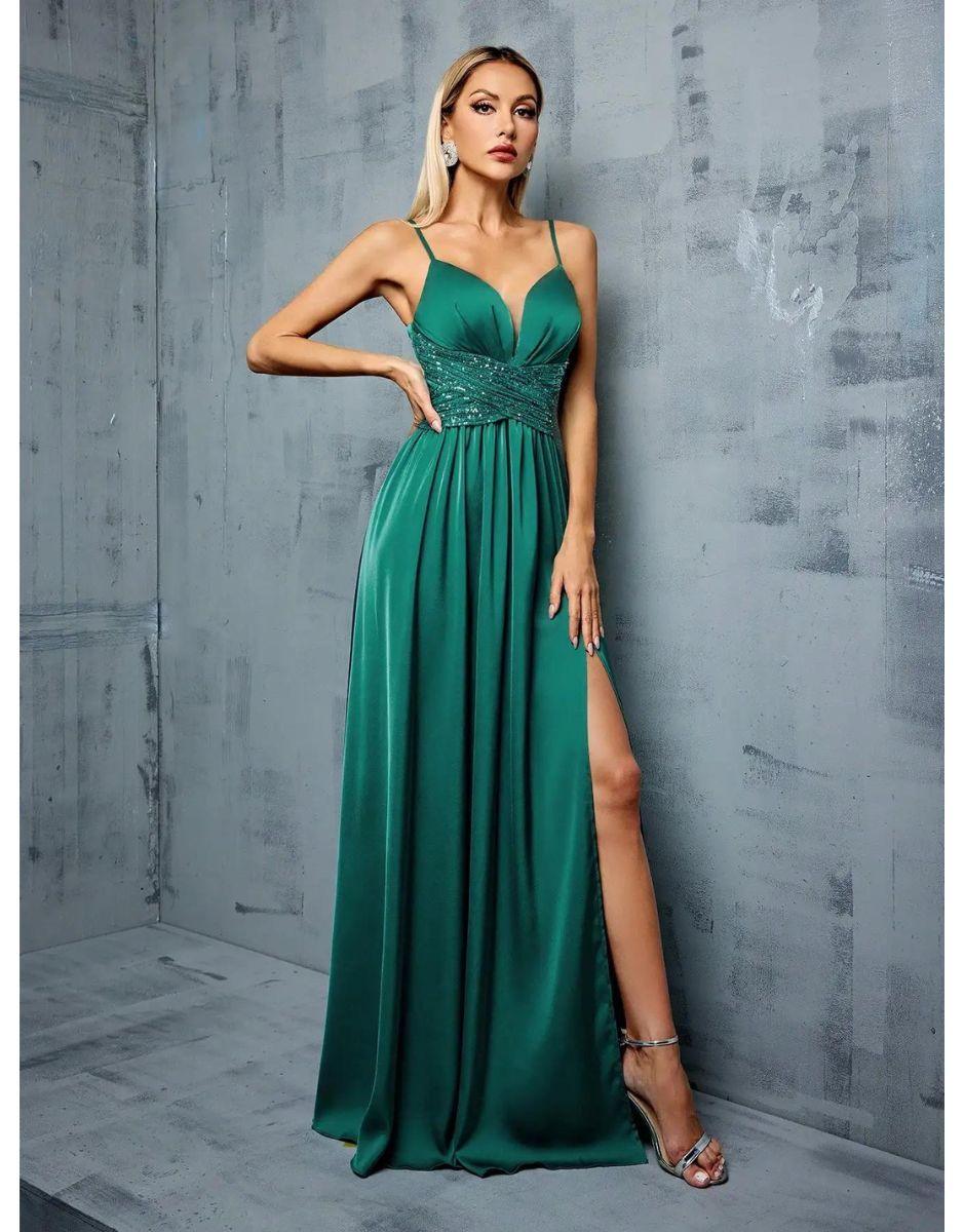 Vestido Verde Esmeralda Longo Deep V Cruz Lantejoulas