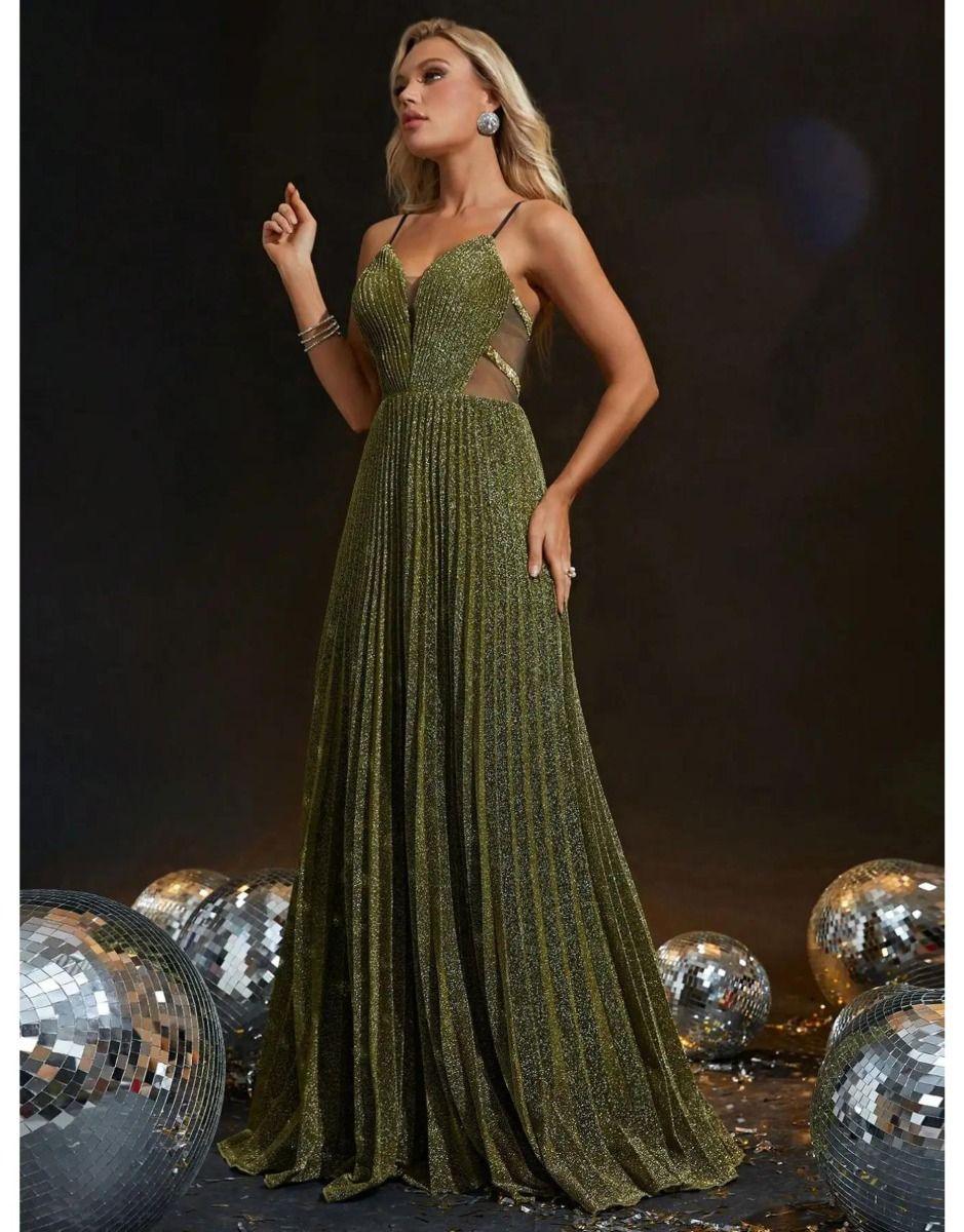 Vestido Verde Exército Longo V-Neck Recorte Brilhante