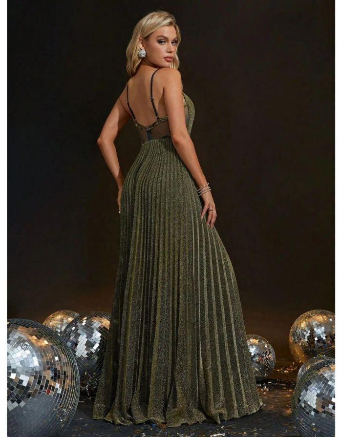 Vestido Verde Exército Longo V-Neck Recorte Brilhante
