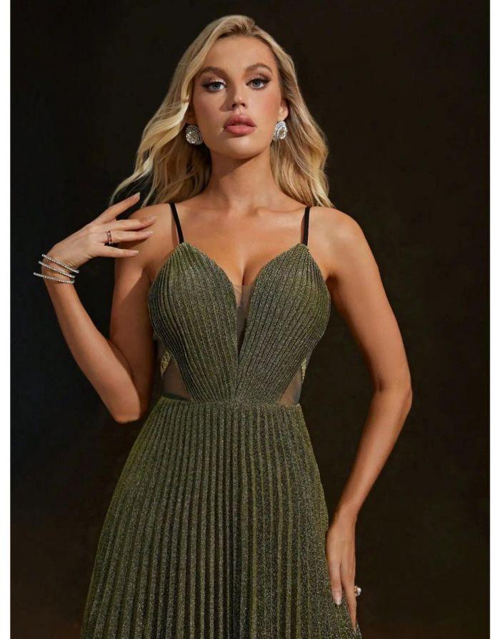 Vestido Verde Exército Longo V-Neck Recorte Brilhante