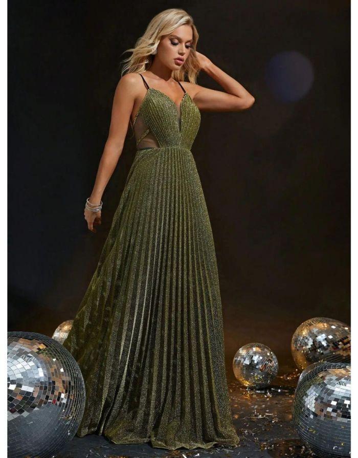 Vestido Verde Exército Longo V-Neck Recorte Brilhante
