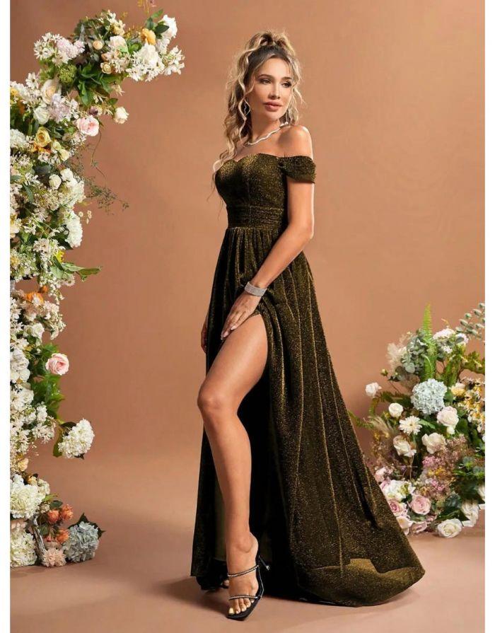 Vestido Verde Heijin Longo De Glitter Fora Do Ombro