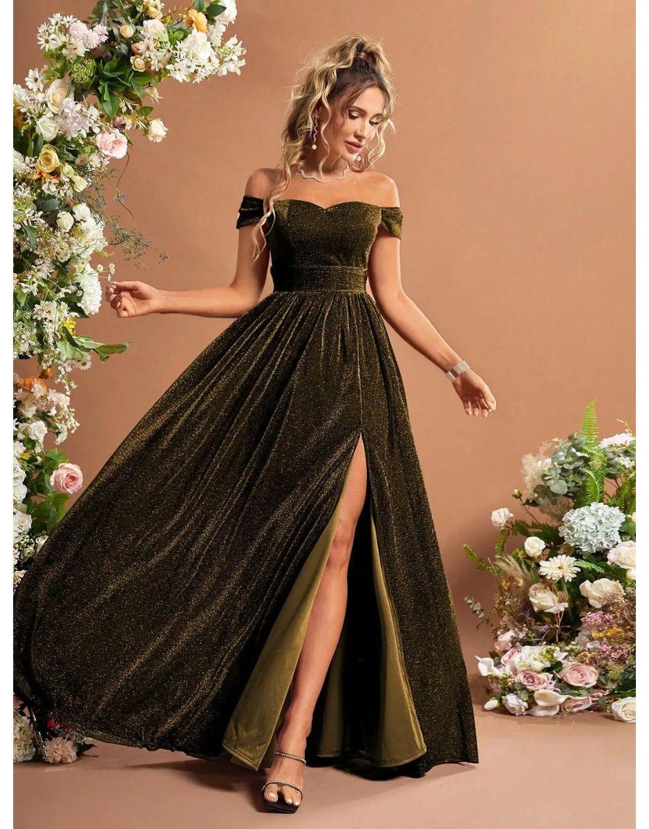 Vestido Verde Heijin Longo De Glitter Fora Do Ombro