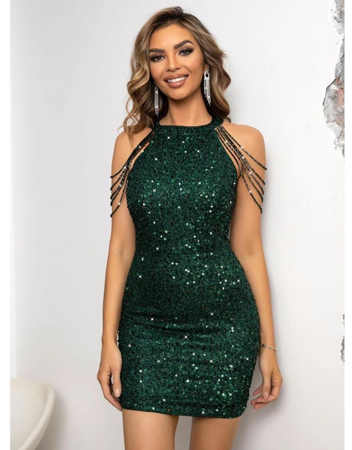 Vestido Verde Lantejoula Manga Corrente
