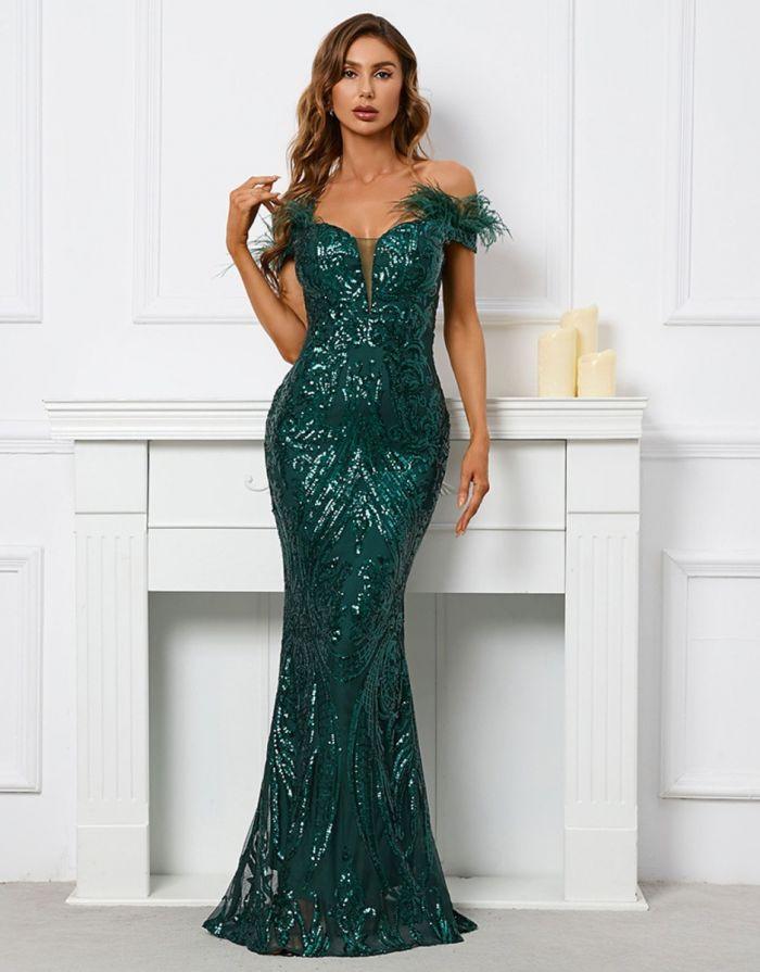 Vestido Verde Longo Off Ombro Lantejoula Plumas