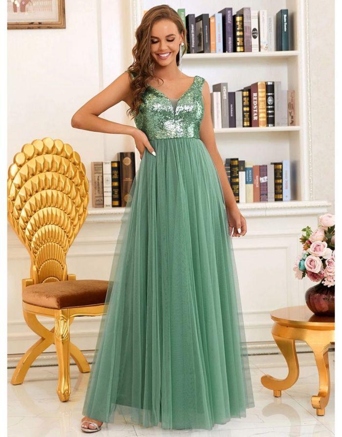 Vestido Verde Longo Paête em Decote em V