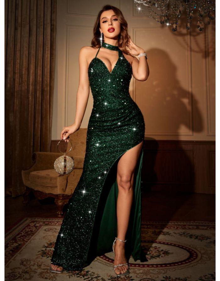 Vestido Verde Longo Pescoço Suspenso