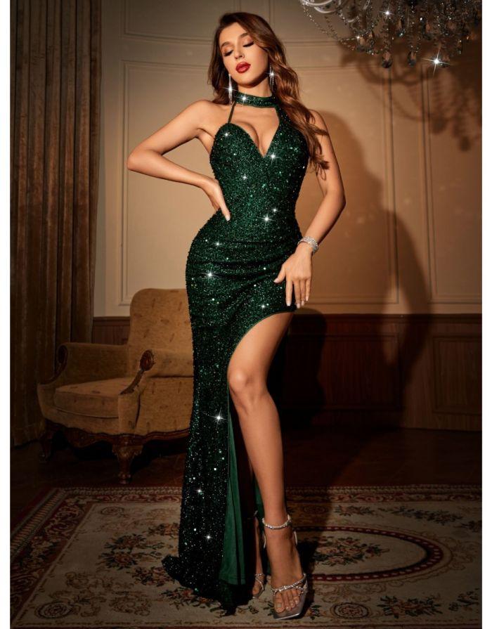 Vestido Verde Longo Pescoço Suspenso