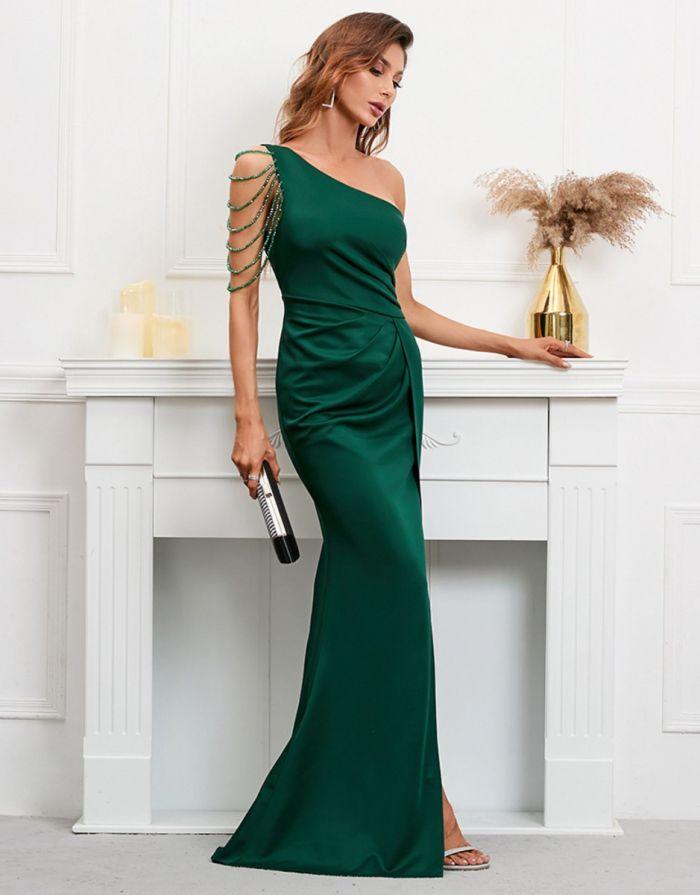 Vestido Verde Longo Um Ombro Slash Nech
