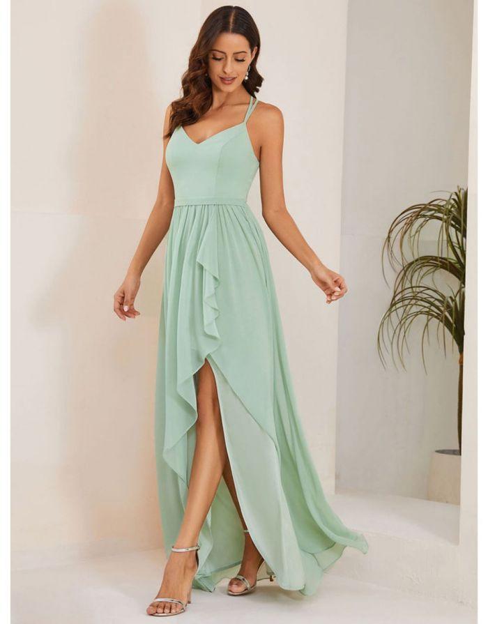 Vestido Verde Menta Alças Finas Detalhe Babados