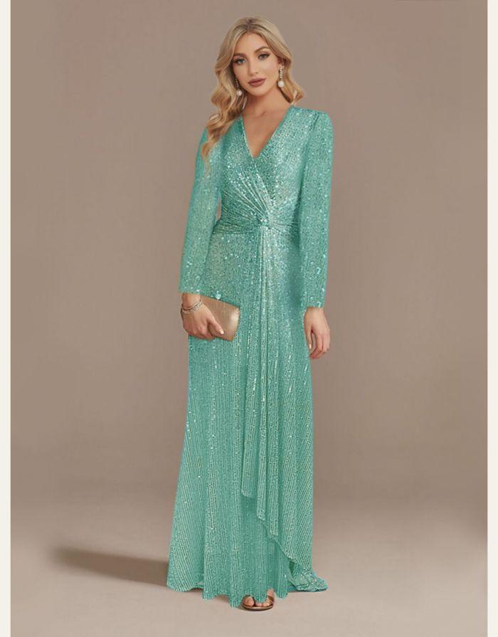 Vestido Verde Menta Longo Lantejoula Gola V