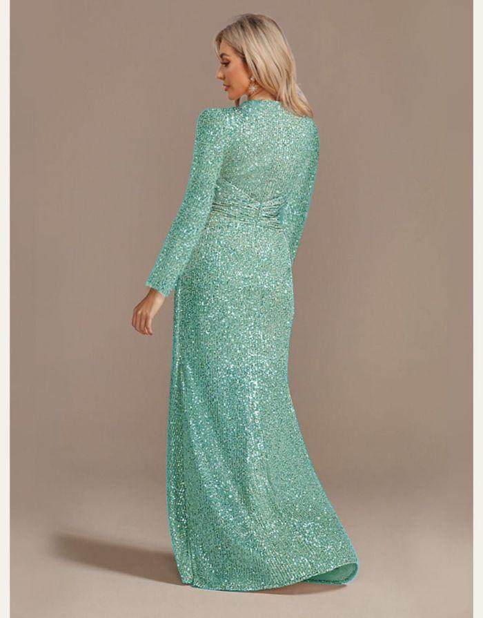 Vestido Verde Menta Longo Lantejoula Gola V