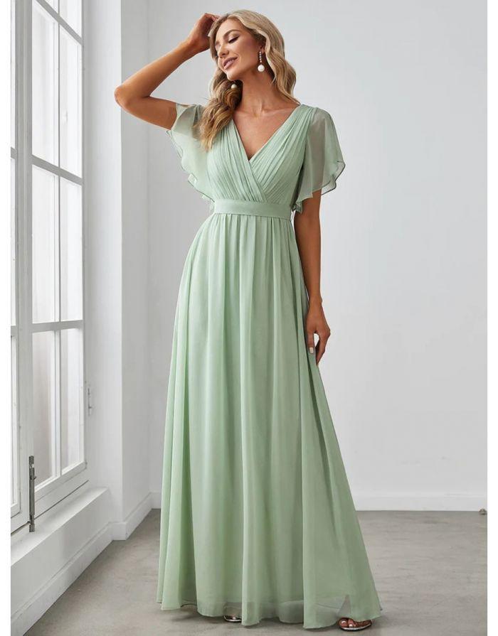 Vestido Verde Menta Longo Manga Curta Decote em V Chiffon