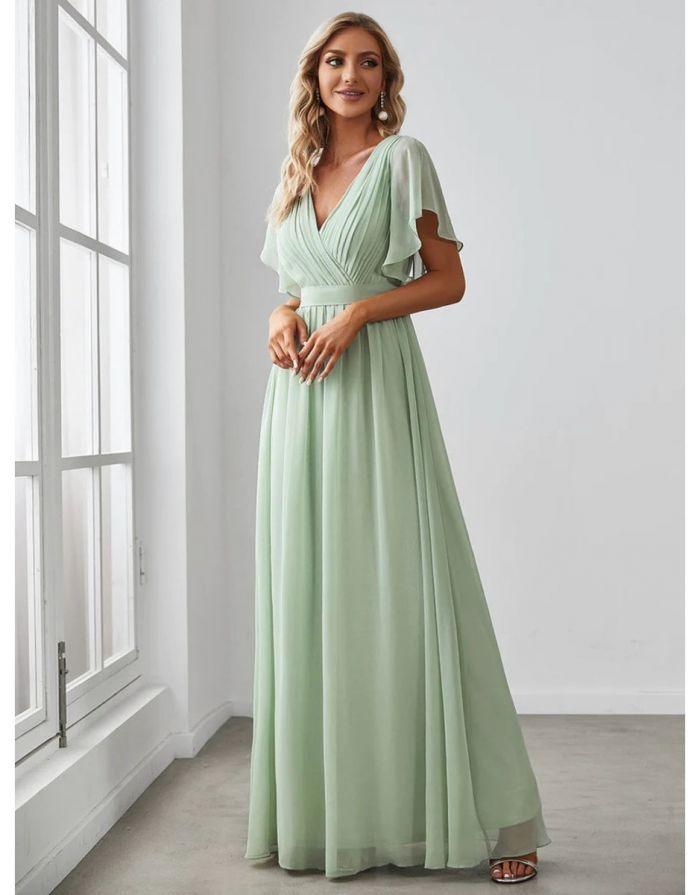 Vestido Verde Menta Longo Manga Curta Decote em V Chiffon