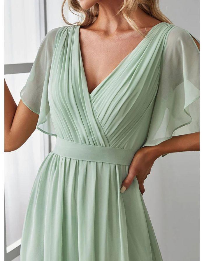 Vestido Verde Menta Longo Manga Curta Decote em V Chiffon