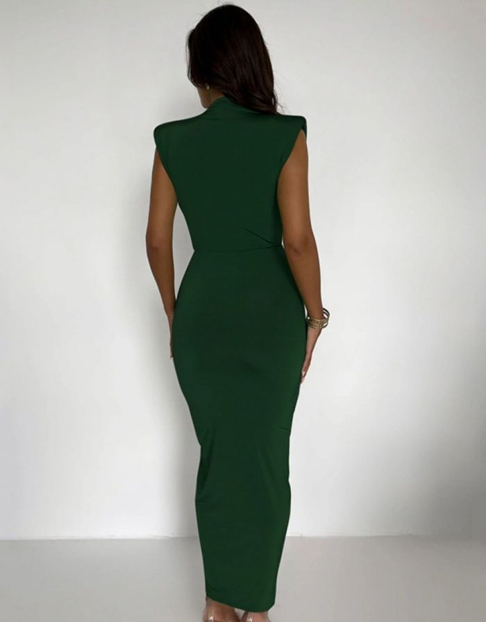 Vestido Verde Midi Plissado Decote em V Profundo