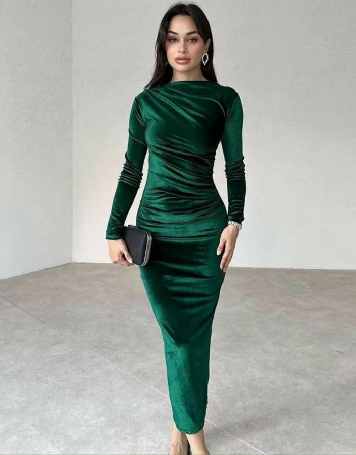 Vestido Verde Midi Veludo Decote em O