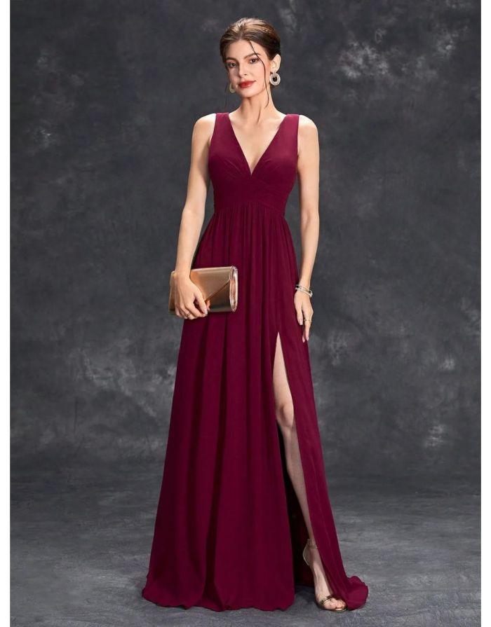 Vestido Vermelho Longo Chiffon com Decote V Pregas Busto