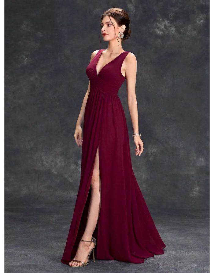 Vestido Vermelho Longo Chiffon com Decote V Pregas Busto