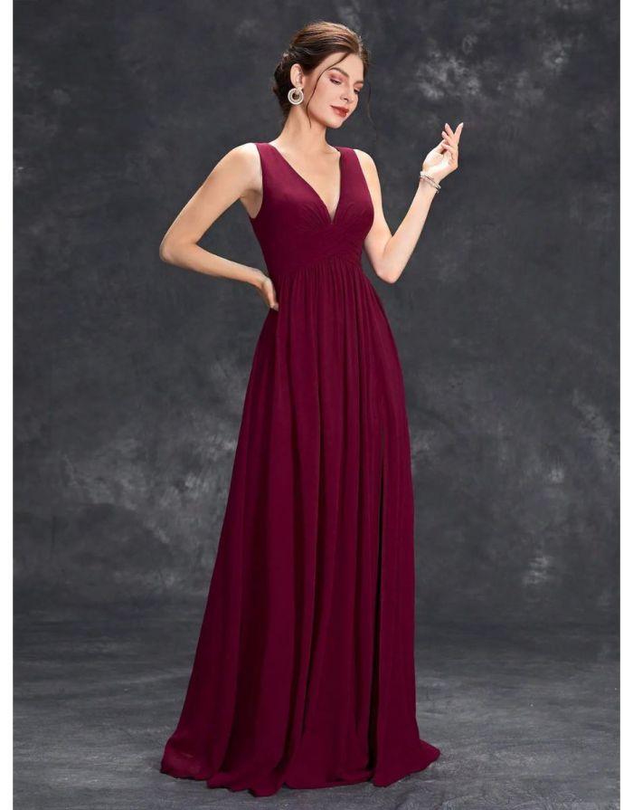 Vestido Vermelho Longo Chiffon com Decote V Pregas Busto