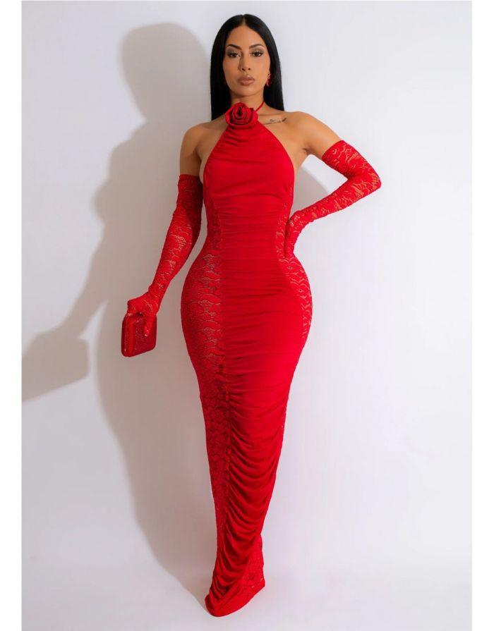 Vestido Vermelho Longo Gola Flor