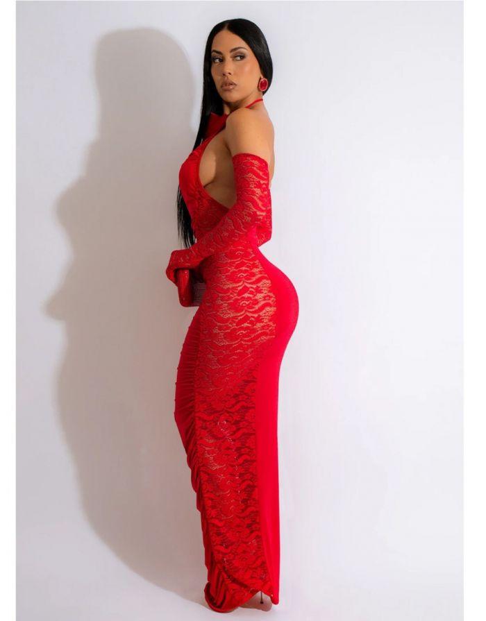 Vestido Vermelho Longo Gola Flor