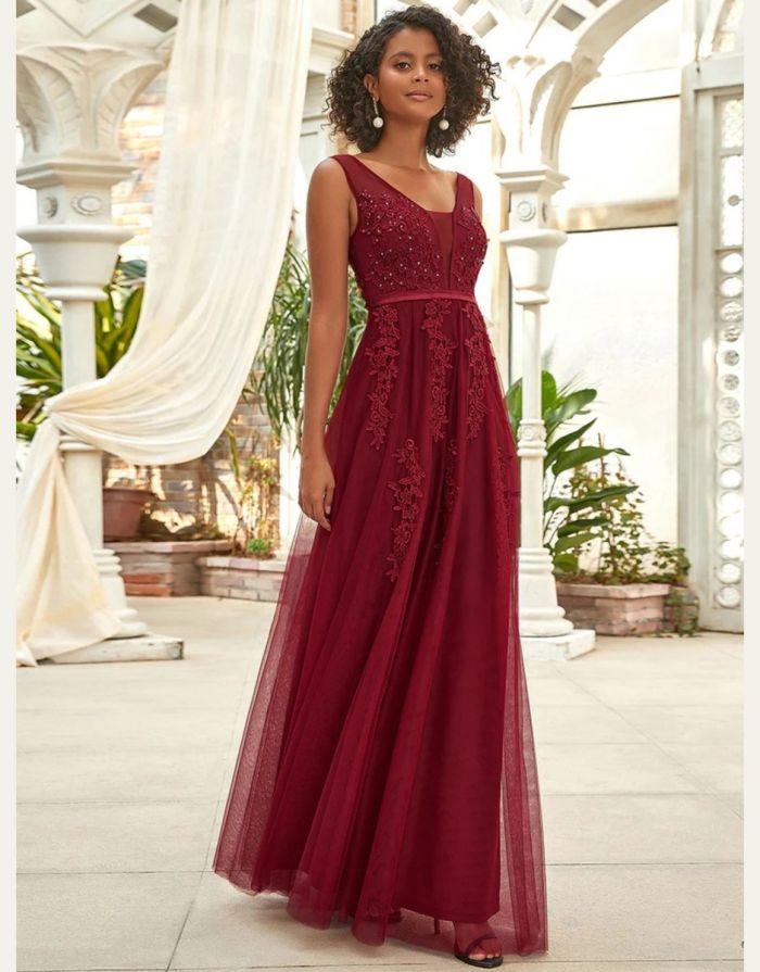 Vestido Vinho Borgonha Com Decote em V Frisado Renda