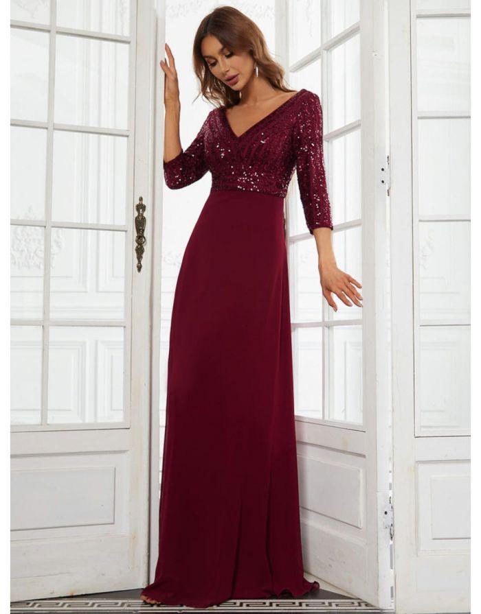 Vestido Vinho Borgonha Longo Decote em V Chiffon Contraste Lantejoula