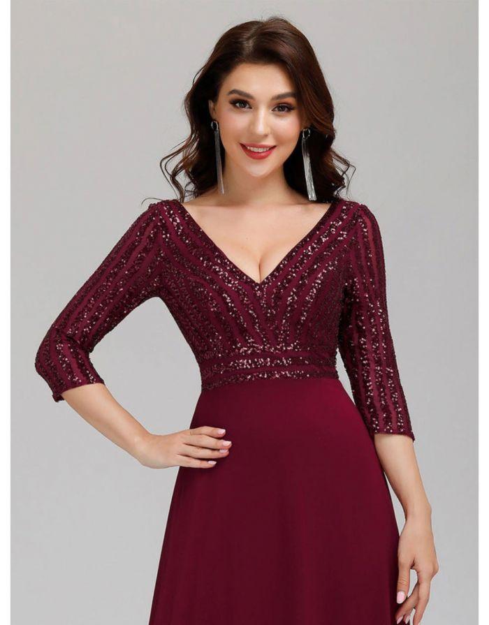 Vestido Vinho Borgonha Longo Decote em V Chiffon Contraste Lantejoula