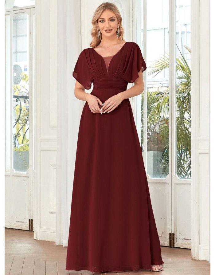 Vestido Vinho Borgonha Longo Decote em V Mangas com Babados