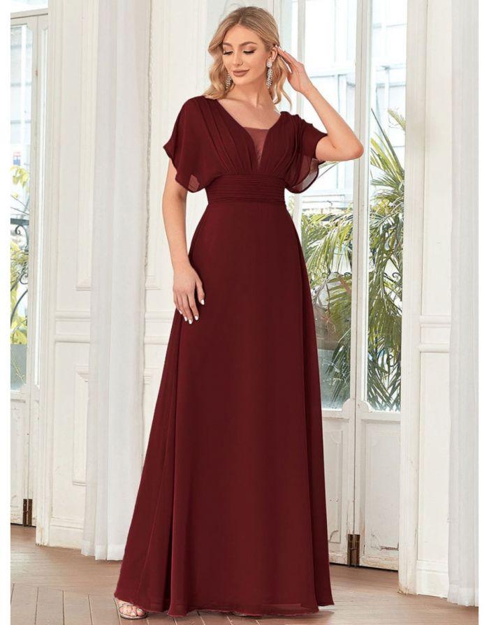 Vestido Vinho Borgonha Longo Decote em V Mangas com Babados