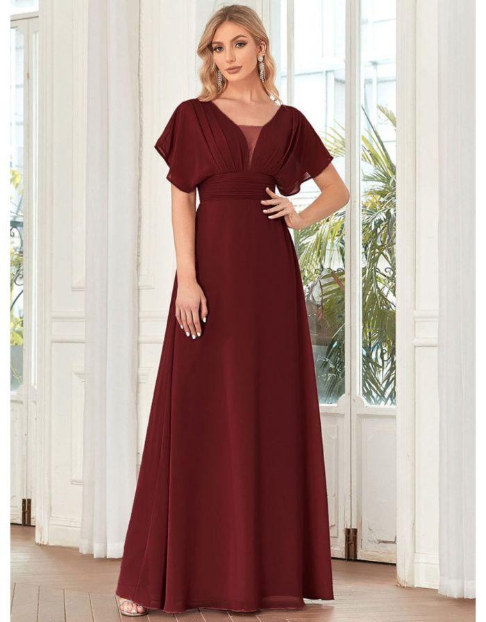 Vestido Vinho Borgonha Longo Decote em V Mangas com Babados