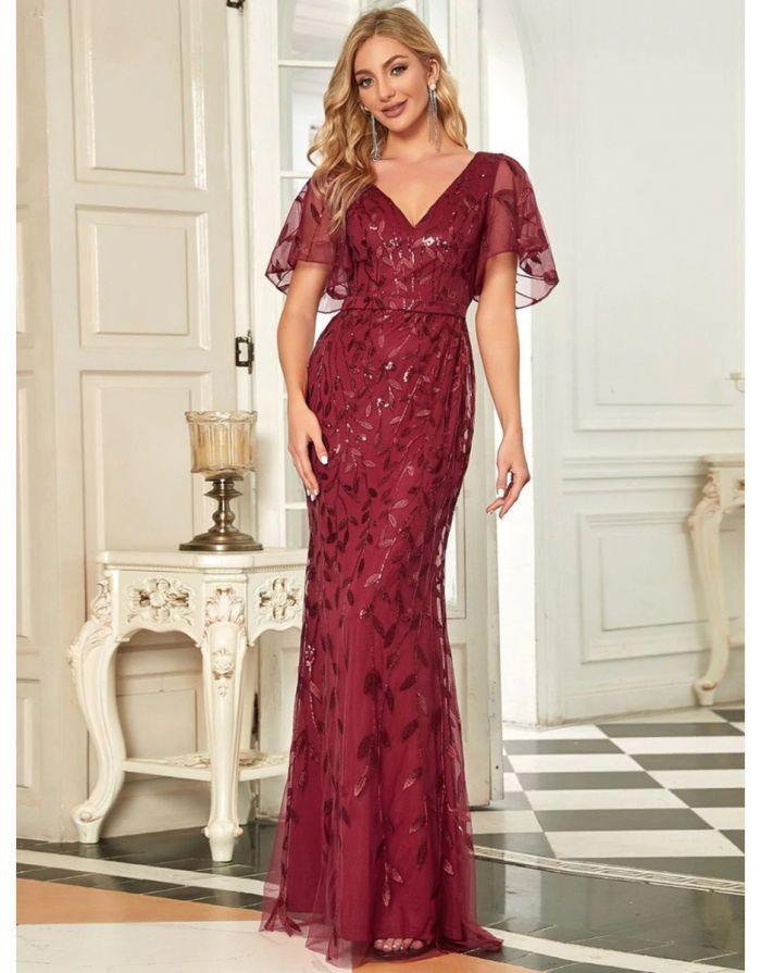 Vestido Vinho Borgonha Longo Decote em V Renda