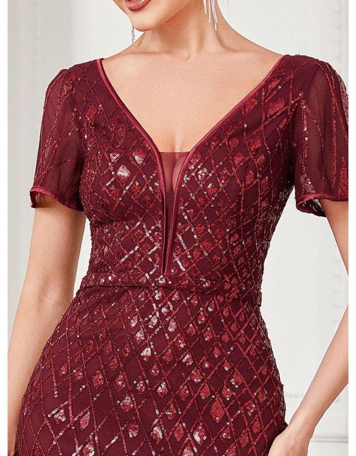 Vestido Vinho Borgonha Mangas Curta Decote em V Sereia