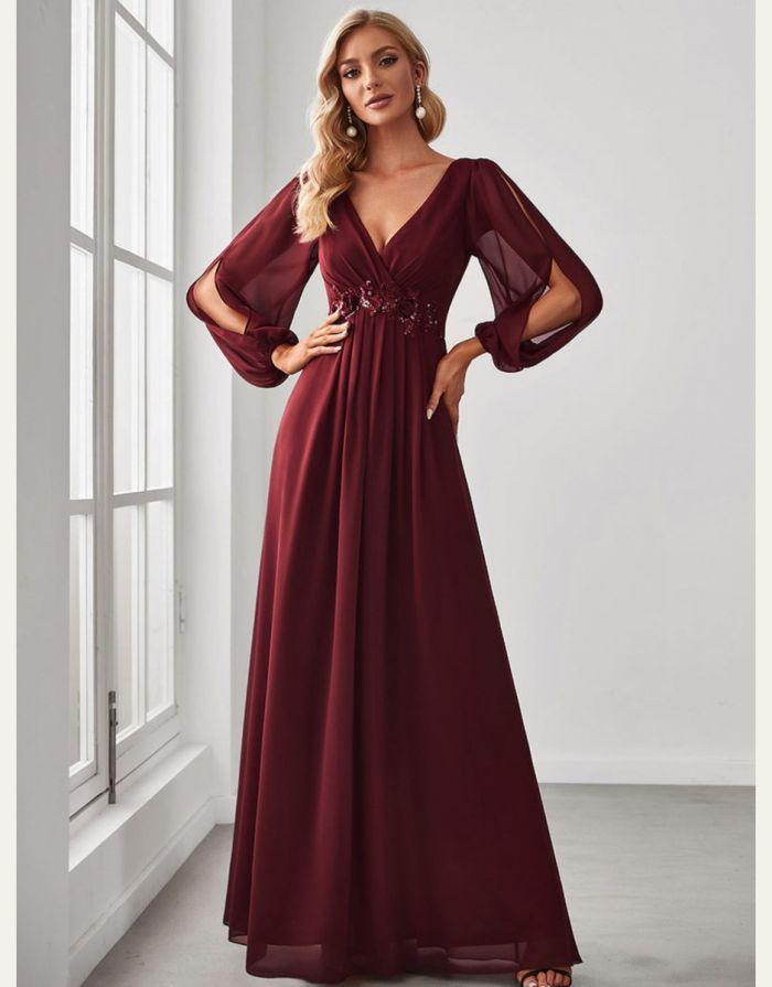 Vestido Vinho Longo com Manga Longa Bufante