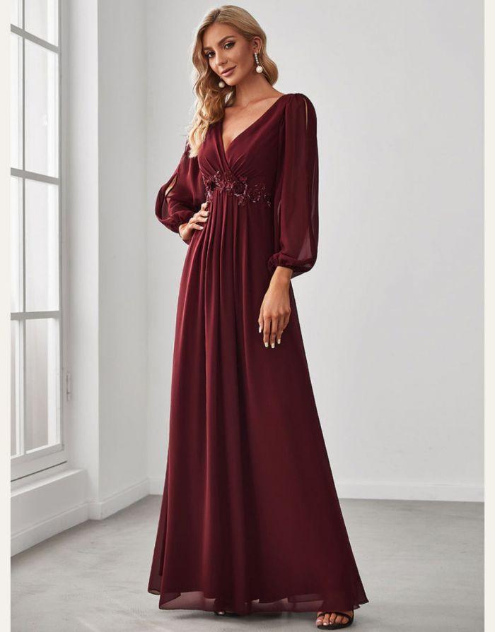 Vestido Vinho Longo com Manga Longa Bufante